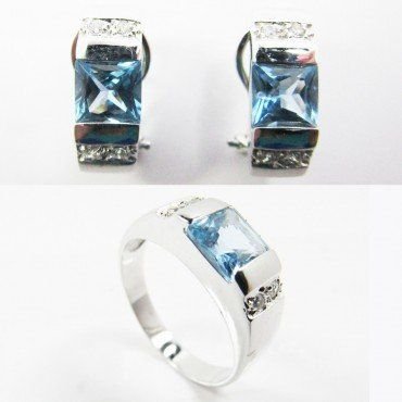 Sortija y Pendientes oro blanco piedra
