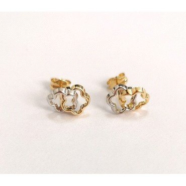 PENDIENTES DOBLE FLOR  ORO BICOLOR                                    