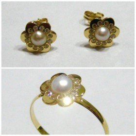 JUEGO COMUNION FLOR PERLA Y PIEDRA ORO AMARILLO